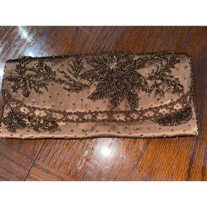 Vintage 1950s Miles Satin Hand Beaded Clutch Evening Purse Floral  Brown